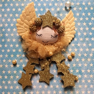 Χειροποίητο χριστουγεννιάτικο στολίδι-δωράκι "άγγελούδι με άστρα" - ύφασμα, αστέρι, χριστουγεννιάτικα δώρα, στολίδια - 5