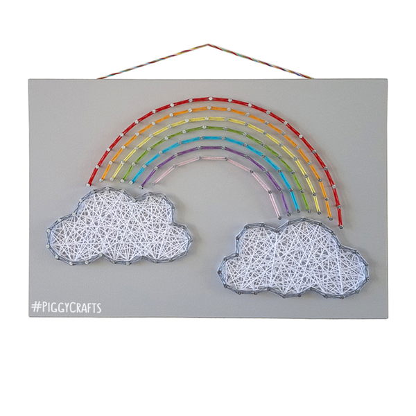 Ξύλινο κάδρο με καρφιά & κλωστές "Rainbow" 30x20cm - κορίτσι, δώρο, παιδικοί πίνακες