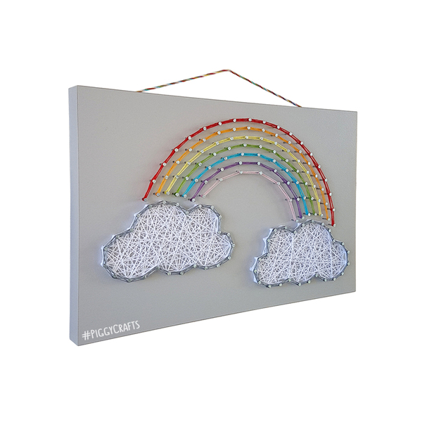 Ξύλινο κάδρο με καρφιά & κλωστές "Rainbow" 30x20cm - κορίτσι, δώρο, παιδικοί πίνακες - 4