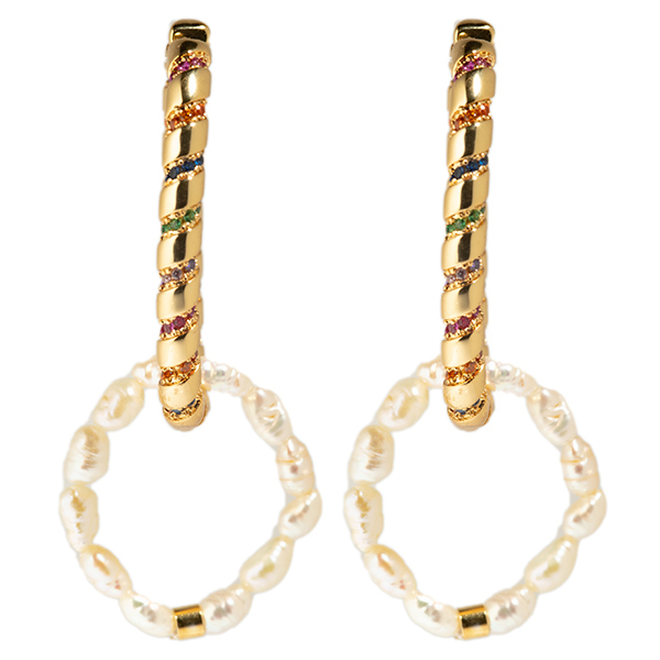 Hanging Pearls Oval Multicolored Stoned Hoops - επιχρυσωμένα, ορείχαλκος, κρίκοι, πέρλες, μεγάλα - 2