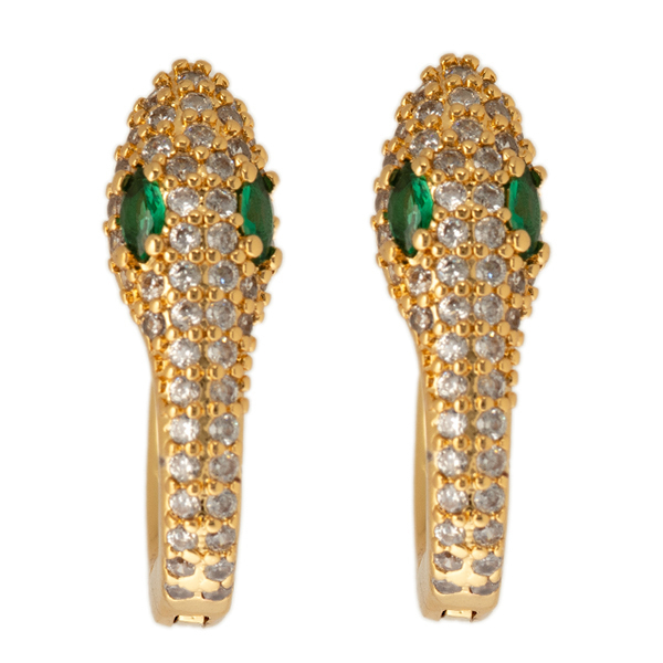 Emerald Green Snake Earrings - επιχρυσωμένα, ορείχαλκος, κρίκοι, μικρά - 2