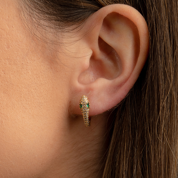 Emerald Green Snake Earrings - επιχρυσωμένα, ορείχαλκος, κρίκοι, μικρά - 3