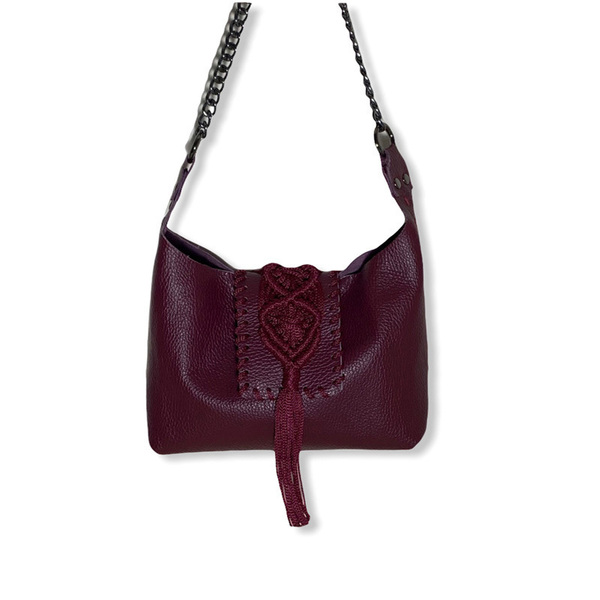 Urban Queen χειροποίητη τσάντα "Destiny mini burgundy" - δέρμα, ώμου, all day, πλεκτές τσάντες, μικρές