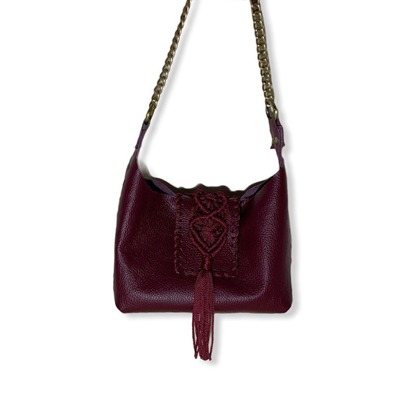 Urban Queen χειροποίητη τσάντα "Destiny mini burgundy" - δέρμα, ώμου, all day, πλεκτές τσάντες, μικρές - 3