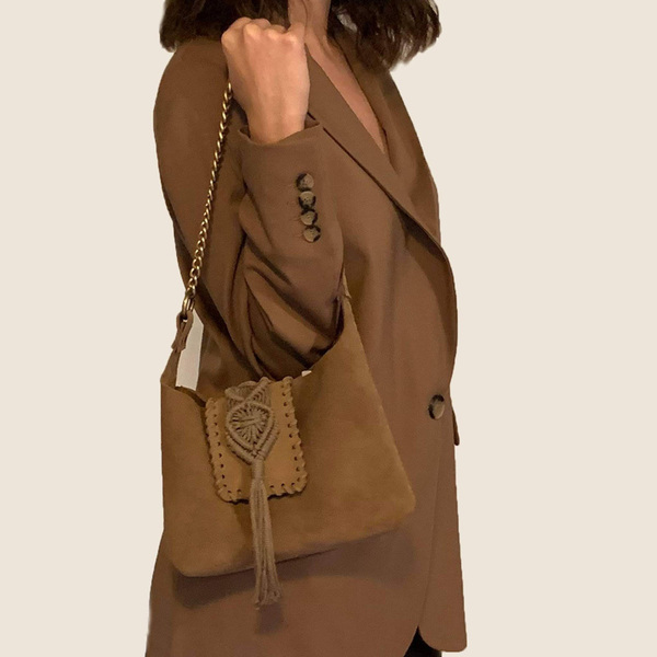 Urban Queen χειροποίητη τσάντα "Destiny mini camel" - δέρμα, ώμου, all day, πλεκτές τσάντες, μικρές - 5