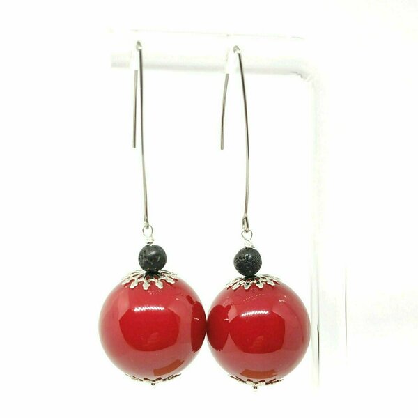 Σκουλαρίκια με κόκκινη μπάλα και λάβα - ημιπολύτιμες πέτρες, κρεμαστά, μεγάλα
