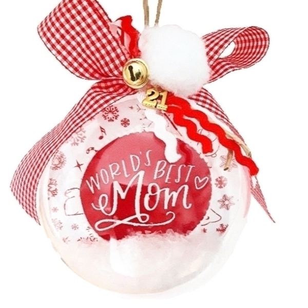 Χριστουγεννιάτικη μπάλα-γούρι "Best Μom" 10cm - plexi glass, χριστουγεννιάτικα δώρα, γούρια, προσωποποιημένα, μπάλες