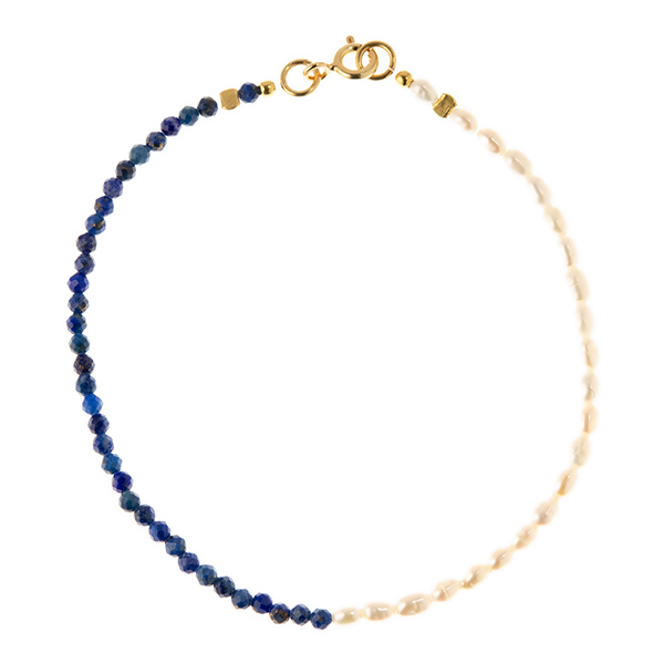 Azure & White Pearl Beaded Bracelet - ημιπολύτιμες πέτρες, μαργαριτάρι, γυναικεία, επιχρυσωμένα, ασήμι 925