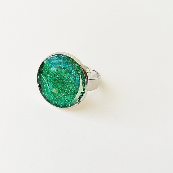 Δαχτυλίδι στρογγυλό με πράσινο γκλίτερ - γυαλί, αυξομειούμενα, φθηνά - 5