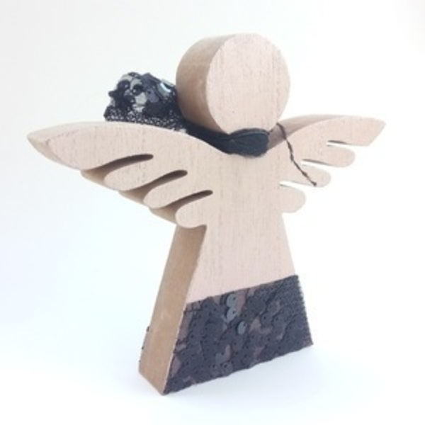 Ξύλινος Άγγελος με Δαντέλα ,Φτερά και Παγιέτες ♥ Γούρι για το Σπίτι 2021 16 εκ - ξύλο, χριστουγεννιάτικα δώρα, γούρια - 3