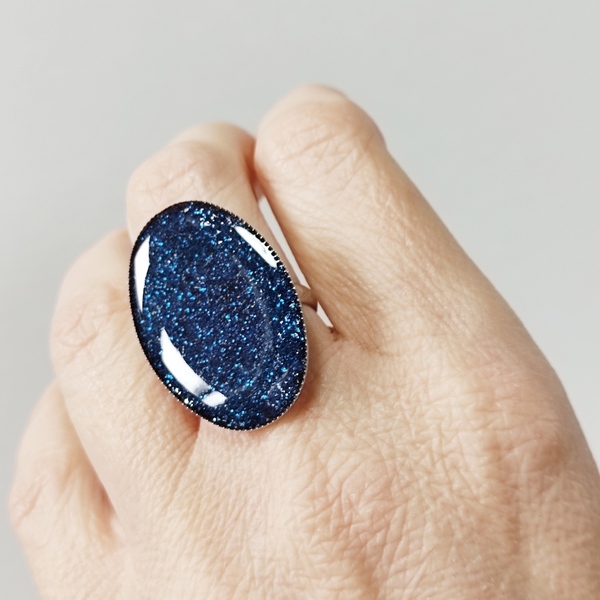 Δαχτυλίδι οβάλ μπλε γκλίτερ - γυαλί, μεγάλα, αυξομειούμενα, φθηνά - 2