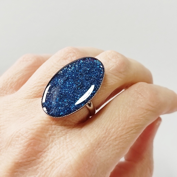 Δαχτυλίδι οβάλ μπλε γκλίτερ - γυαλί, μεγάλα, αυξομειούμενα, φθηνά - 4