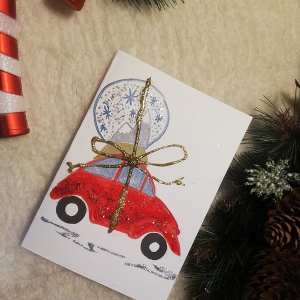 Χριστουγεννιάτικη κάρτα - «Το κόκκινο αυτοκινητάκι και η χιονόμπαλα» - ευχετήριες κάρτες - 2