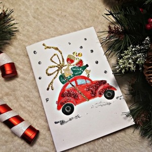 Χριστουγεννιάτικη κάρτα - «Το κόκκινο αυτοκινητάκι & wine is on the way» - αυτοκινητάκια, αυτοκίνητα, χριστουγεννιάτικα δώρα, ευχετήριες κάρτες - 2