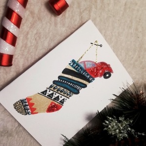 Χριστουγεννιάτικη κάρτα - «Το κόκκινο αυτοκινητάκι μέσα στη κάλτσα» - χριστουγεννιάτικα δώρα, ευχετήριες κάρτες - 2