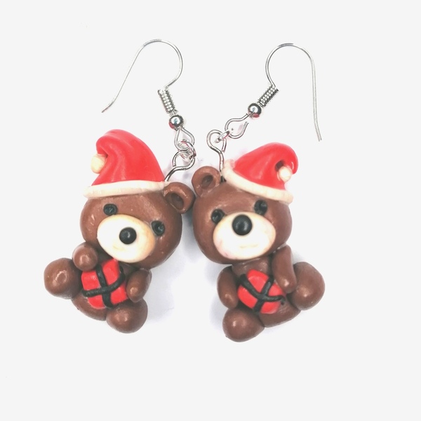 Χειροποίητα Χριστούγεννιατικα αρκούδακια σκουλαρίκια από πλυμπιακό πηλός - πηλός, κρεμαστά, χριστούγεννα, χριστουγεννιάτικα δώρα