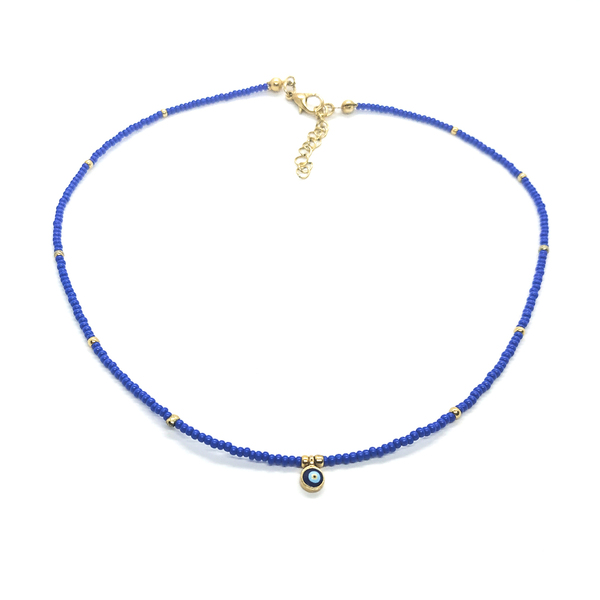"Azure Moon Necklace" - Κοντό κολιέ με μπλε χάντρες και μάτι - charms, μάτι, χάντρες, κοντά