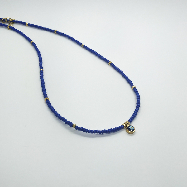 "Azure Moon Necklace" - Κοντό κολιέ με μπλε χάντρες και μάτι - charms, μάτι, χάντρες, κοντά - 2