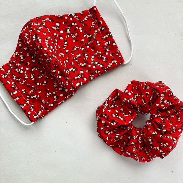 Μάσκα με scrunchie ’hot red floral’ - βαμβάκι, πλενόμενο, μάσκες προσώπου
