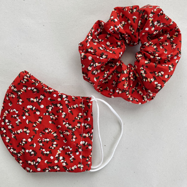 Μάσκα με scrunchie ’hot red floral’ - βαμβάκι, πλενόμενο, μάσκες προσώπου - 2