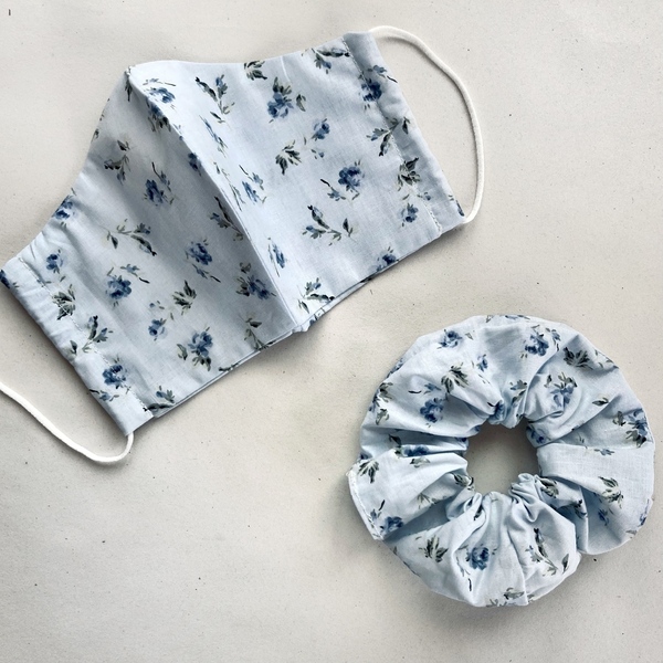 Μάσκα με scrunchie ’γαλάζιο floral’ - βαμβάκι, πλενόμενο, μάσκες προσώπου