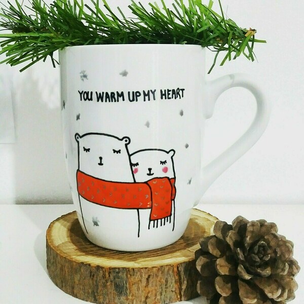 Handpainted mug "You warm up my heart " - πορσελάνη, personalised, χριστουγεννιάτικα δώρα, κούπες & φλυτζάνια