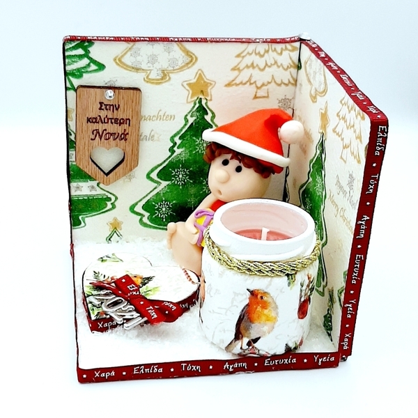 επιτραπεζιο γούρι-κεράκι για νονα με ξύλο-πολυμερικό πηλο - νονά, διακοσμητικά, χριστουγεννιάτικα δώρα, άγιος βασίλης, κεριά, κεριά & κηροπήγια - 2