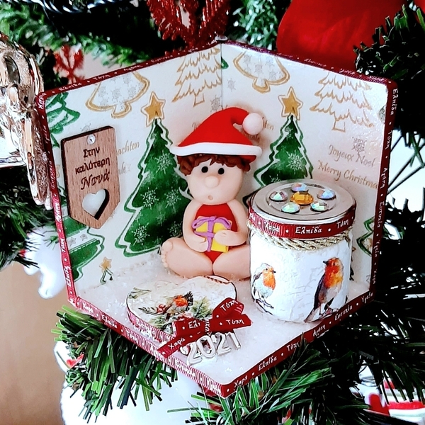 επιτραπεζιο γούρι-κεράκι για νονα με ξύλο-πολυμερικό πηλο - νονά, διακοσμητικά, χριστουγεννιάτικα δώρα, άγιος βασίλης, κεριά, κεριά & κηροπήγια - 5