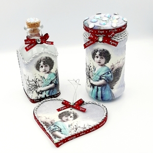 Γυαλινο σετ βαζακι - μπουκαλακι με ξυλινο στολιδι άγγελος - γυαλί, χριστουγεννιάτικα δώρα, αγγελάκι, σετ δώρου