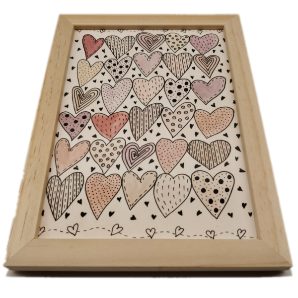 "Αγάπη πολλή!" - Ζωγραφική γκρι ροζ καρδιές με ακουαρέλες σε καφέ ξύλινη κορνίζα 20 Χ 15 εκ. - πίνακες & κάδρα, αγάπη, γιορτή της μητέρας, κορνίζες