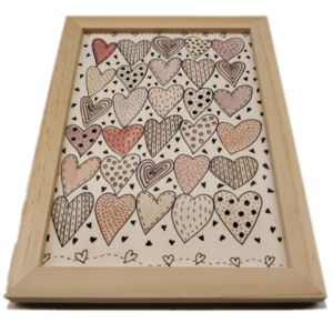 "Αγάπη πολλή!" - Ζωγραφική γκρι ροζ καρδιές με ακουαρέλες σε καφέ ξύλινη κορνίζα 20 Χ 15 εκ. - πίνακες & κάδρα, αγάπη, γιορτή της μητέρας, κορνίζες