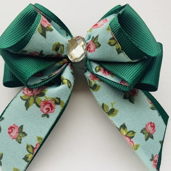 Green bow with flowers - κορίτσι, μαλλιά, για τα μαλλιά, αξεσουάρ μαλλιών - 2