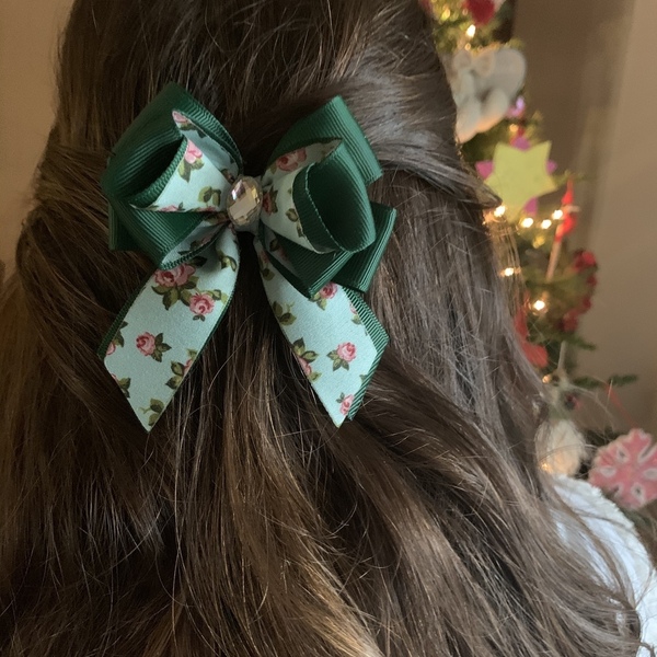 Green bow with flowers - κορίτσι, μαλλιά, για τα μαλλιά, αξεσουάρ μαλλιών - 3