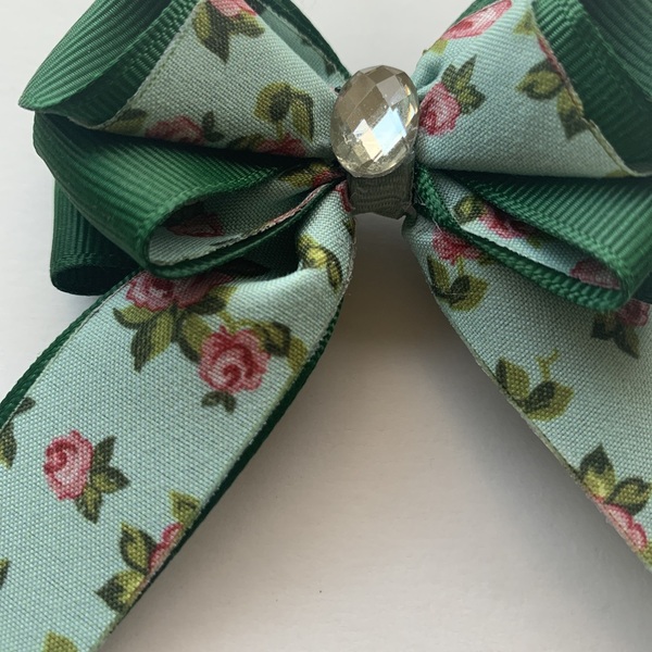 Green bow with flowers - κορίτσι, μαλλιά, για τα μαλλιά, αξεσουάρ μαλλιών - 5