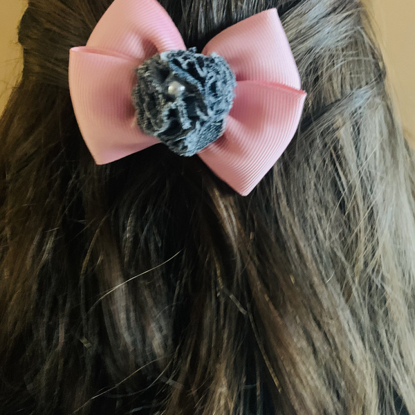 Pink jeans bow - κορίτσι, δώρο, μαλλιά, αξεσουάρ μαλλιών, τσιμπιδάκια μαλλιών - 5