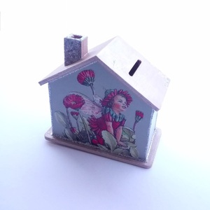 Ξύλινο Σπιτάκι Κουμπαράς ♥ Νεράιδα μέσα στα λουλούδια 10Y x 10.5 x 5 εκ ξύλο - ξύλο, κορίτσι, σπίτι, κουμπαράδες - 5