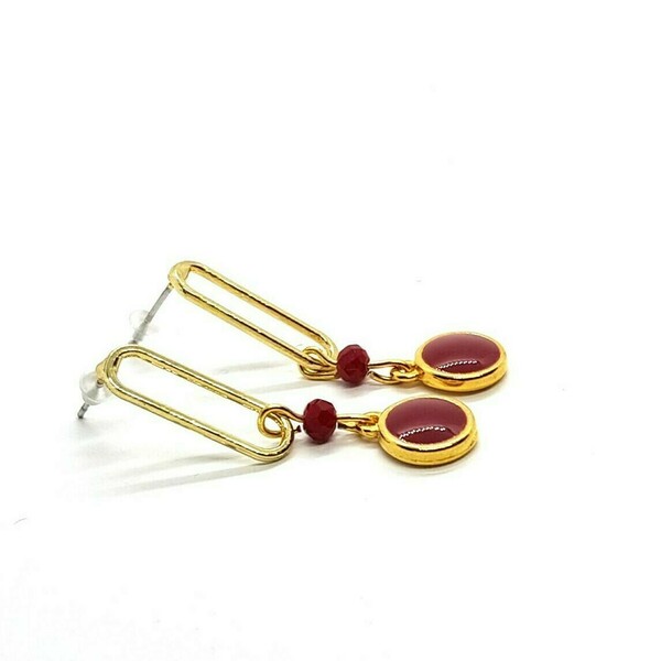 "Red Fire Earrings" - Σκουλαρίκια με μπορντώ μεταλλικά στοιχεία - επιχρυσωμένα, γεωμετρικά σχέδια, μικρά, κρεμαστά