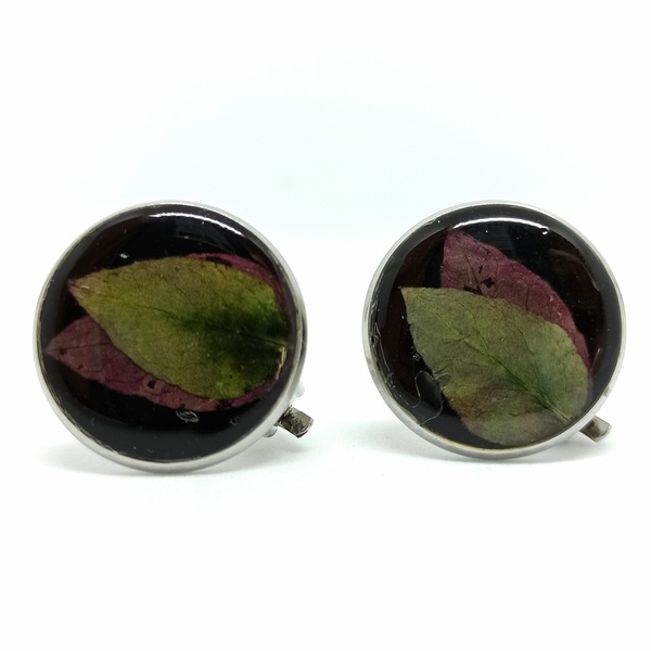 Σκουλαρίκια κλιπς με φθινοπωρινά φύλλα σε μαύρο φόντο - γυαλί, καρφωτά, ατσάλι, με κλιπ
