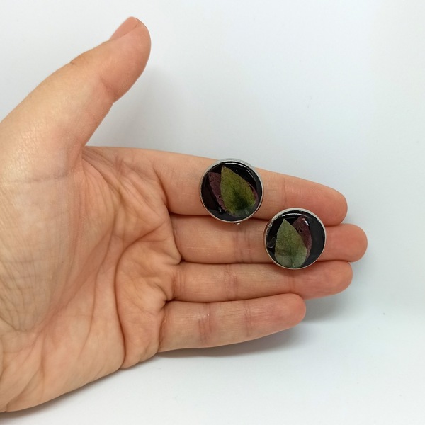 Σκουλαρίκια κλιπς με φθινοπωρινά φύλλα σε μαύρο φόντο - γυαλί, καρφωτά, ατσάλι, με κλιπ - 3