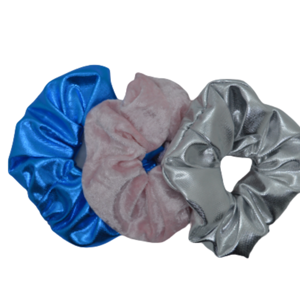 Σετ 3 λαστιχάκια για τα μαλλιά-scrunchies ασημί, μπλε metallic, ροζ - λαστιχάκια μαλλιών - 3