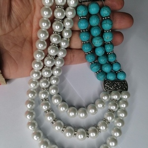 Κολιέ από pearls και τυρκουάζ χάντρες 34εκ - χάντρες, layering, πέρλες, Black Friday - 2