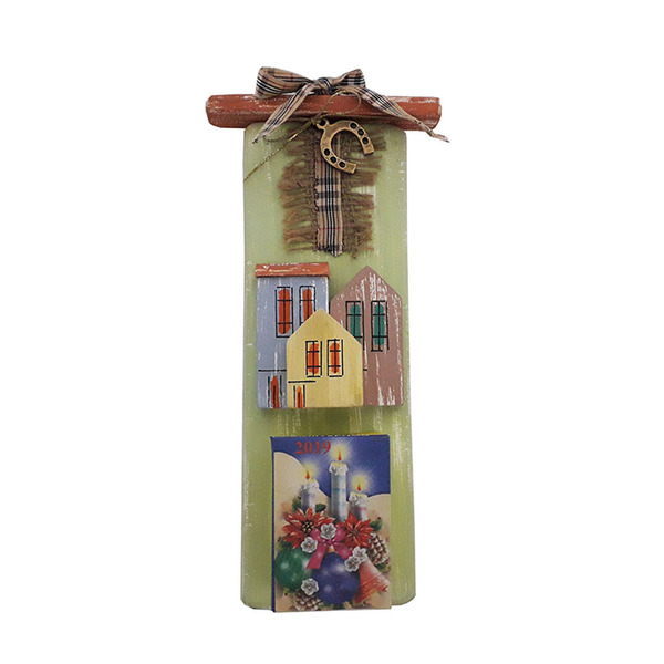 Ημερολόγιο τοίχου ξύλινο χειροποίητο με μεταλλικό γούρι πέταλο Σπίτια χρωματιστά 7x22x5 Φυστικί Καπαδάκης - ξύλο, χειροποίητα, χριστουγεννιάτικα δώρα, γούρια