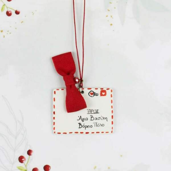 Κολιέ Γράμμα Άγιου Βασίλη κόκκινος φιόγκος - charms, πηλός, νονά, μακριά, χριστουγεννιάτικο