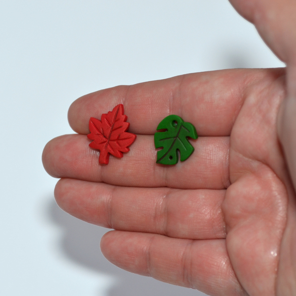 Σκουλαρίκια καρφωτά κόκκινο και πράσινο φύλλο με πολυμερικό πηλό - πηλός, φύλλο, καρφωτά - 3