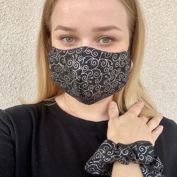 Μάσκα με scrunchie ‘black and silver’ - βαμβάκι, πλενόμενο, μάσκες προσώπου - 3