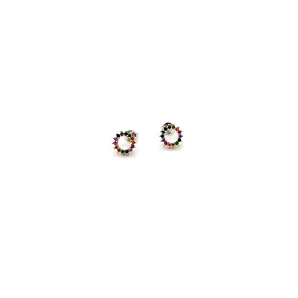 Ασημένια 925 σκουλαρίκια μικροί κύκλοι καρφωμένα με πολύχρωμα ζιργκόν - ασήμι 925, καρφωτά, μικρά, επιπλατινωμένα