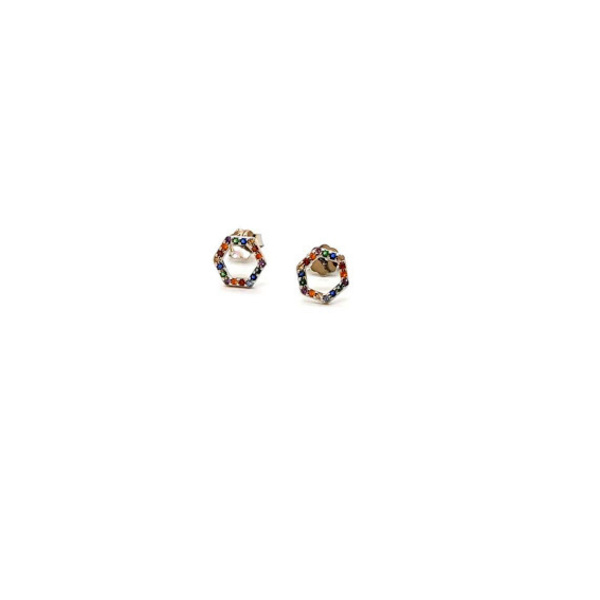 Ασημένια 925 πολυγωνικά σκουλαρίκια με καρφωτά πολύχρωμα ζιργκόν - ασήμι, καρφωτά, μικρά, επιπλατινωμένα