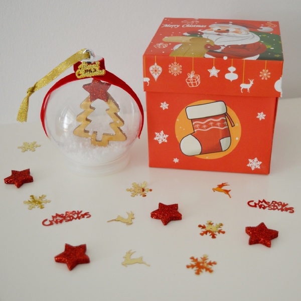 Χριστουγεννιάτικη μπάλα 8cm με δέντρο σε χάρτινο κουτί δώρου - αστέρι, στολίδια, δέντρο, μπάλες