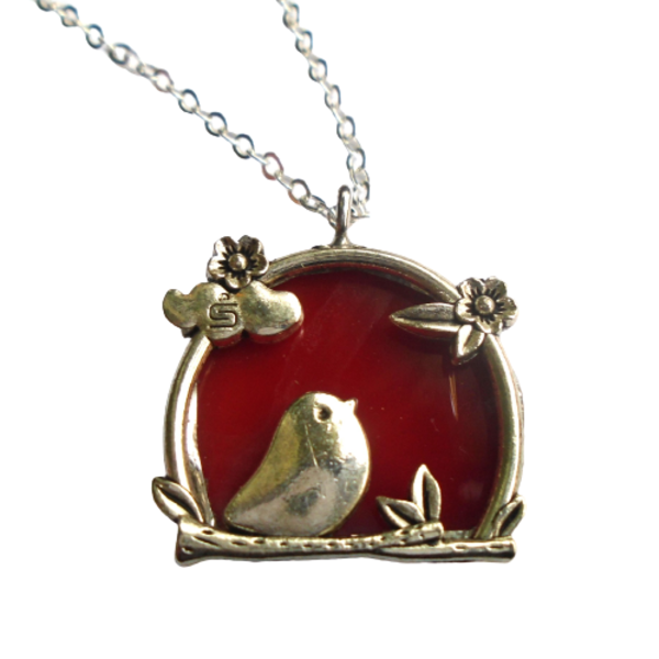 Κολιέ Μικρό Πουλάκι σε Κόκκινο Γυαλί Βιτρώ (25x25mm) - γυαλί, επάργυρα, κοντά, πουλάκι, μενταγιόν - 3