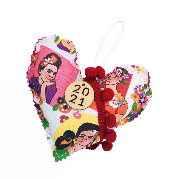 Υφασμάτινο γούρι 2021 καρδιά Frida - ύφασμα, χριστουγεννιάτικα δώρα, frida kahlo, γούρια
